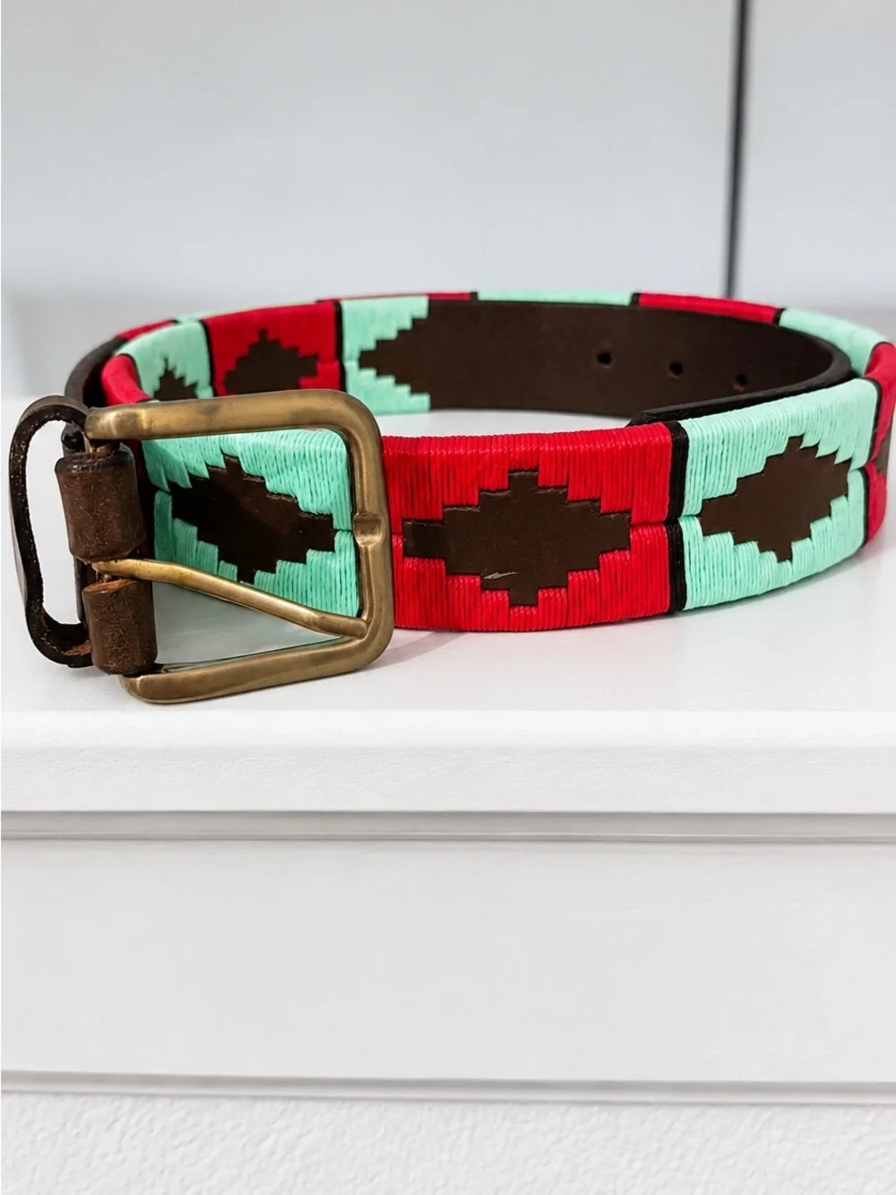Argentina Polo Club Handwoven Leather Belt Pink & Turquoise Geometric Pattern